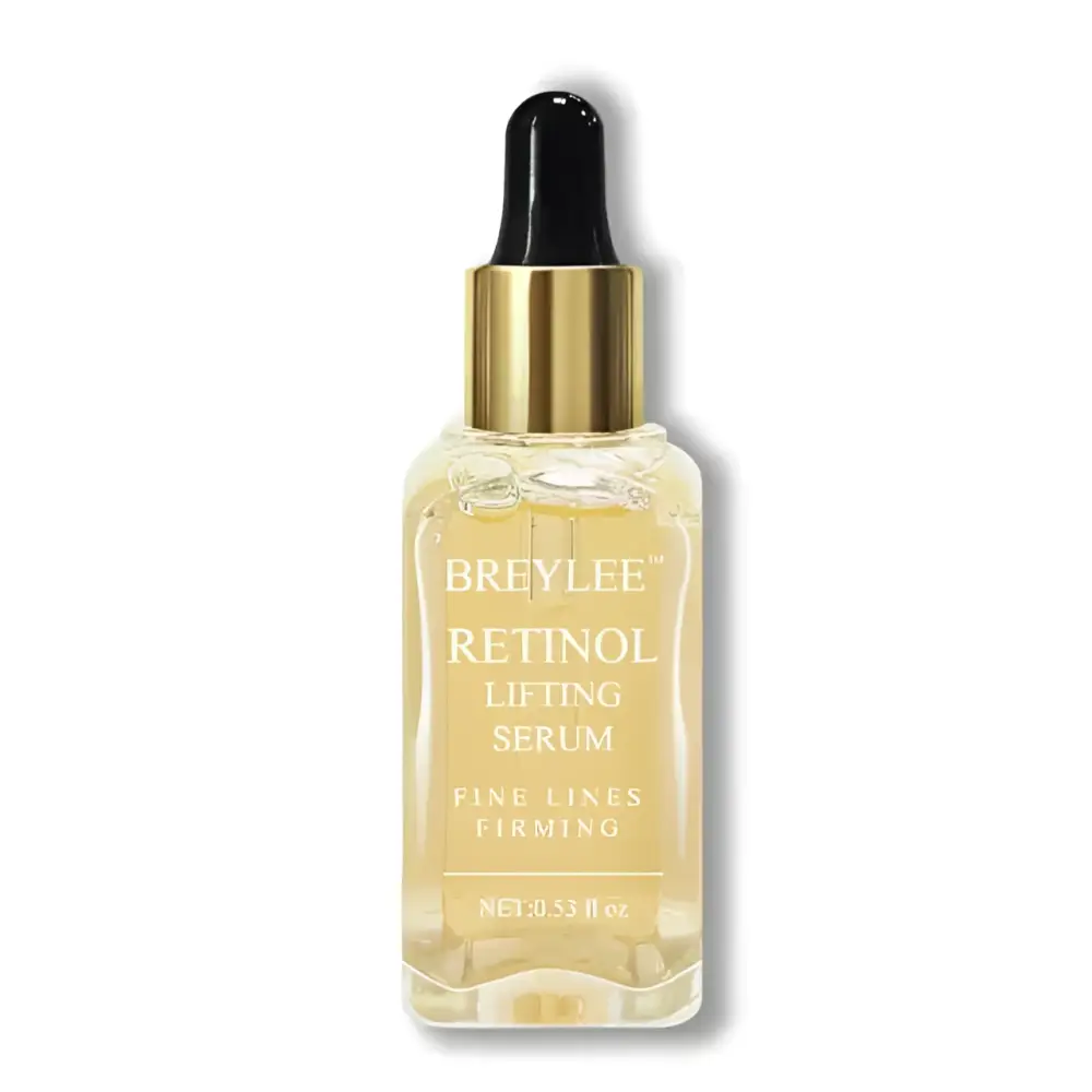 A clear glass bottle with gold dropper containing breylee retinol skin firming serum for fine lines and collagen boosting