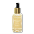 A clear glass bottle with gold dropper containing breylee retinol skin firming serum for fine lines and collagen boosting