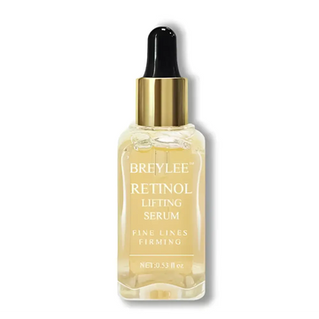 A clear glass bottle with gold dropper containing breylee retinol skin firming serum for fine lines and collagen boosting