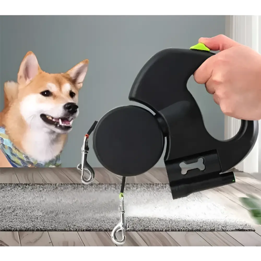 Black retractable double dog leash with bone-shaped clip silver metal hardware for walk two dogs use