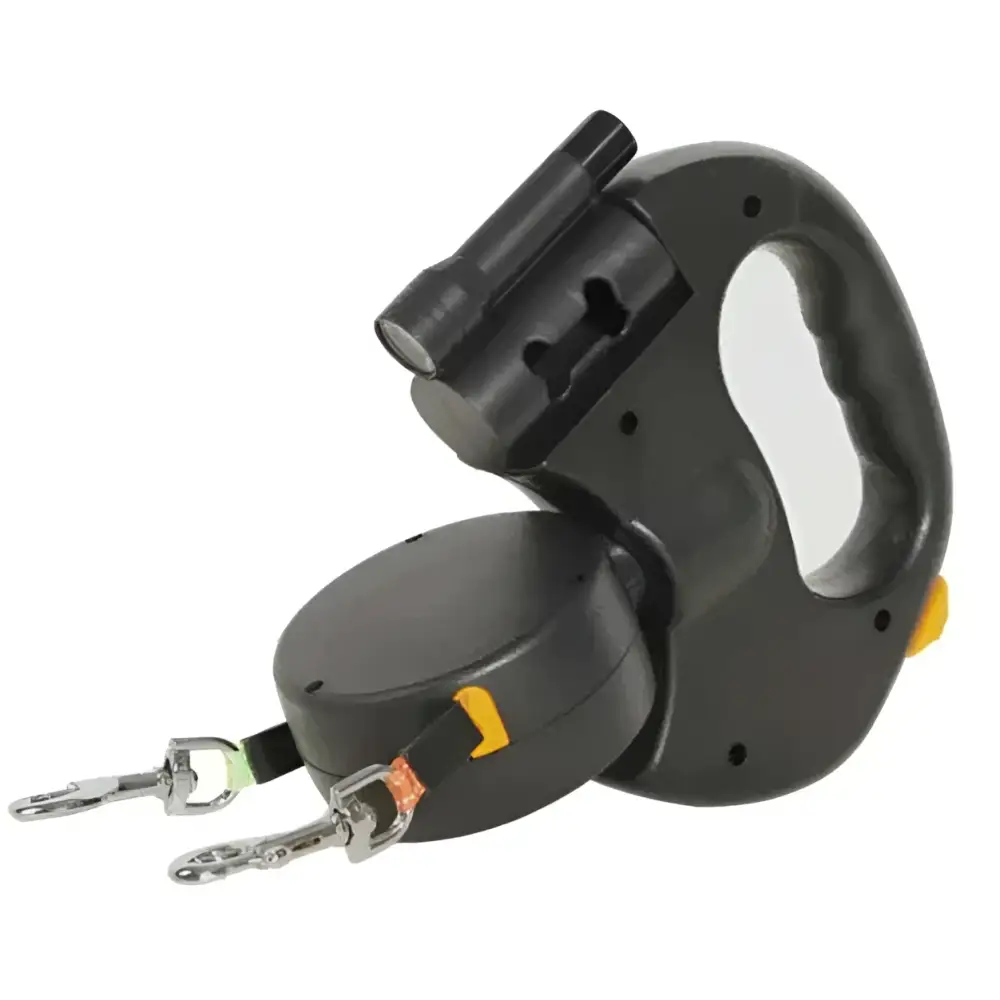 Black retractable double dog leash with integrated flashlight and yellow accents for walk two dogs use