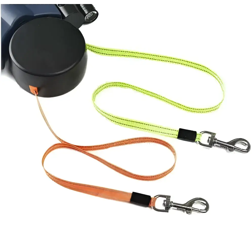 Retractable double dog leash with flashlight featuring black body and neon green and orange woven straps with metal clips