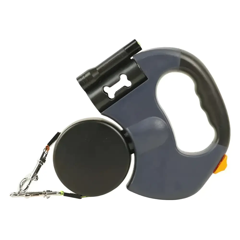 Black retractable double dog leash with integrated flashlight and yellow accents for walk two dogs use