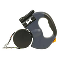 Dark gray retractable double dog leash with black bone handle and integrated flashlight for walk two dogs safety