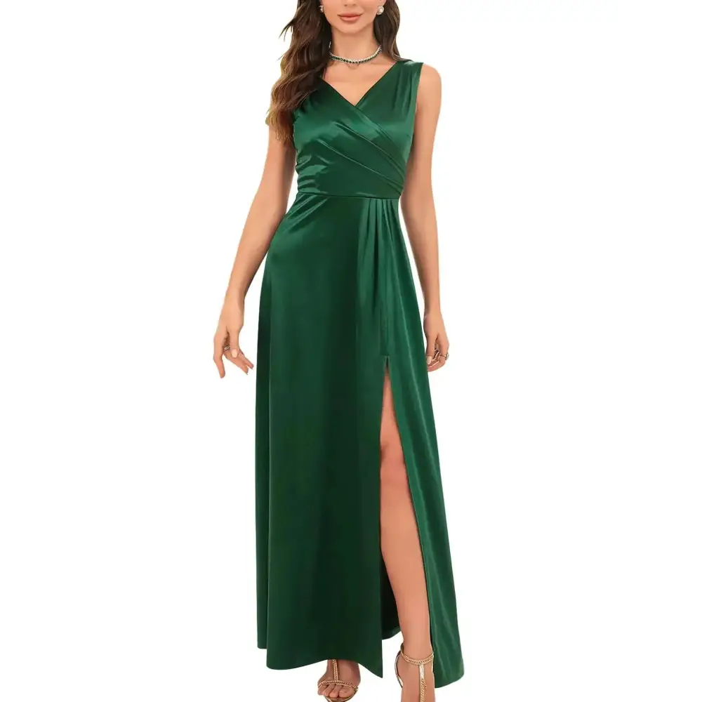 A sleek emerald green retro 1950s sleeveless satin maxi dress with v-neckline and high slit wrap design