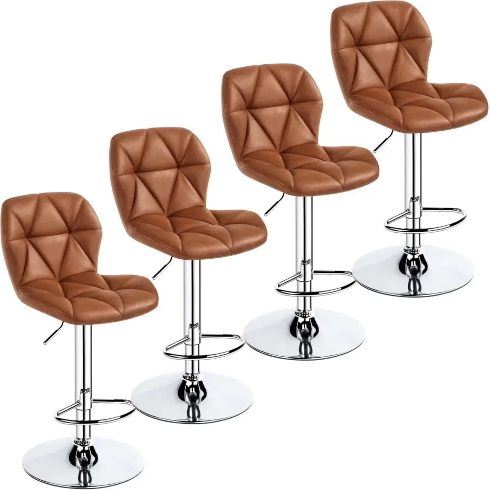 Set of four retro brown counter height bar stools with ergonomic foam electroplated steel bases and footrests