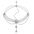 Silver rhinestone flower drops headpiece with retro diamond embellishments and layered chains featuring teardrop pendant