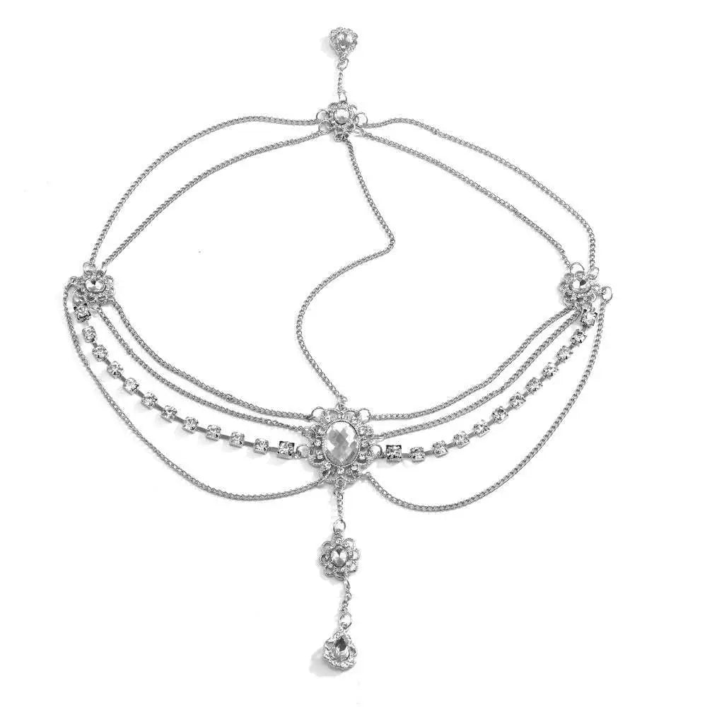 Silver rhinestone flower drops headpiece with retro diamond embellishments and layered chains featuring teardrop pendant
