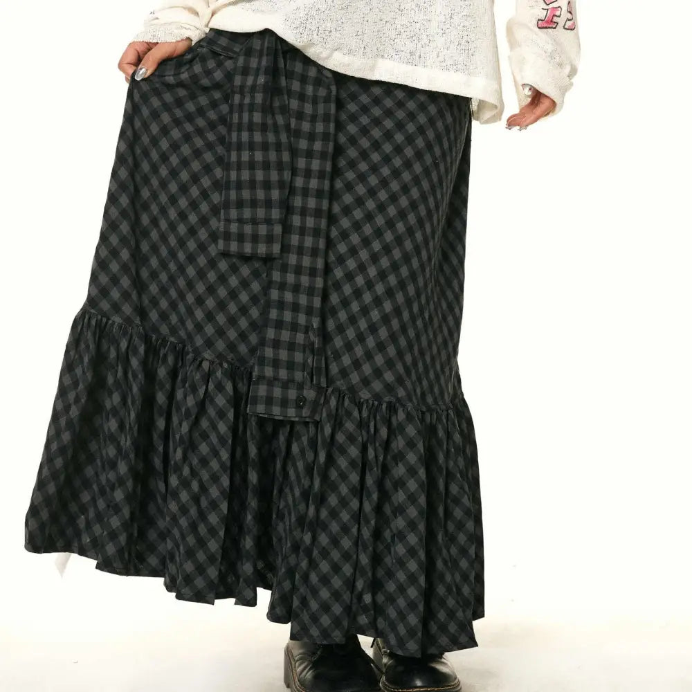 Black and gray checkered fishtail skirt with matching ruffled plaid tiers for retro elegant style