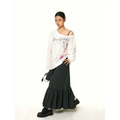 White off-the-shoulder ribbed knit top with freaky baby text and pink paint splatter paired with gray checkered fishtail skirt