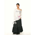 Silver metallic mini handbag with black horse silhouette paired with a matching ruffled plaid fishtail skirt gray checkered design