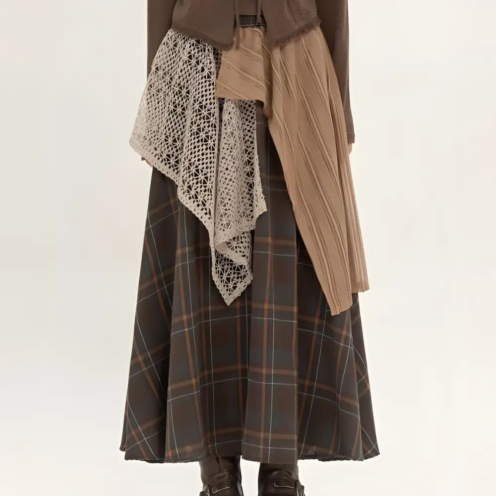 Retro minority irregular plaid a line skirt in earth tones with off-white crochet overlay and elastic waistband
