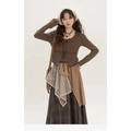 Brown knitted cardigan with tied front and ribbed cuffs styled with a retro minority irregular plaid a line skirt