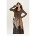 Brown knitted cardigan with tied front and ribbed cuffs styled with a retro minority irregular plaid a line skirt