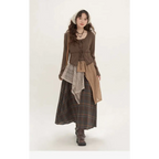 A retro minority irregular plaid a line skirt with elastic waistband paired with off-white crochet overlay cardigan and boots