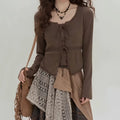 Brown ribbed knit long-sleeved top with square neckline and front tie paired with retro minority irregular plaid a line skirt
