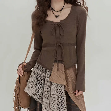Brown ribbed knit long-sleeved top with square neckline and front tie paired with retro minority irregular plaid a line skirt
