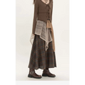 Brown plaid retro minority irregular maxi skirt with off-white crochet overlay and elastic waistband with asymmetrical hem