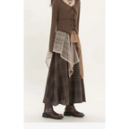 Brown plaid retro minority irregular maxi skirt with off-white crochet overlay and elastic waistband with asymmetrical hem