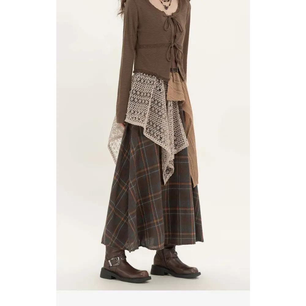 Brown plaid retro minority irregular maxi skirt with off-white crochet overlay and elastic waistband with asymmetrical hem