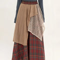 Retro minority irregular plaid a line skirt with beige ribbed knit panel off-white crochet overlay and elastic waistband