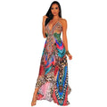 A vibrant retro pattern sexy halter dress with a v neck featuring leopard print and bold colorful geometric designs