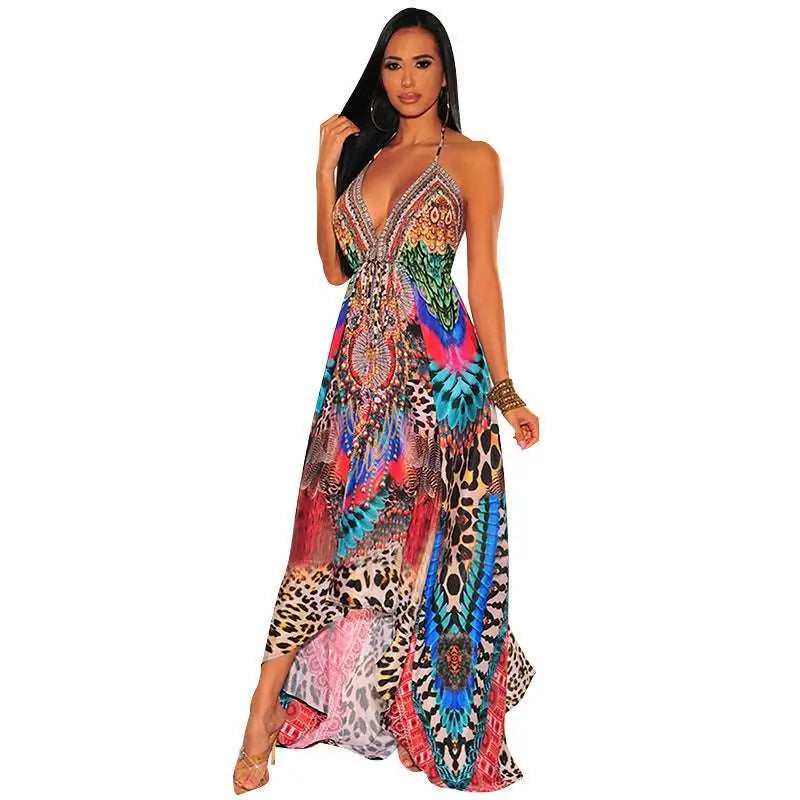 A vibrant retro pattern sexy halter dress with a v neck featuring leopard print and bold colorful geometric designs