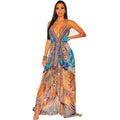 A vibrant retro pattern sexy halter dress with a plunging v-neckline and flowing leopard print fabric