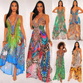 Vibrant retro pattern sexy halter dress with bold leopard print and abstract designs in green blue pink and gold tones