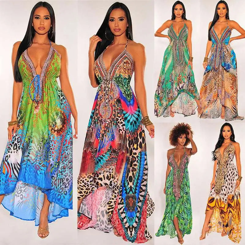 Vibrant retro pattern sexy halter dress with bold leopard print and abstract designs in green blue pink and gold tones