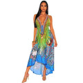 A vibrant retro pattern sexy halter dress with leopard print, bold green and blue colors, and an asymmetrical hemline