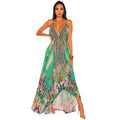A vibrant green and gold retro pattern sexy halter dress with a plunging neckline and snake-print fabric