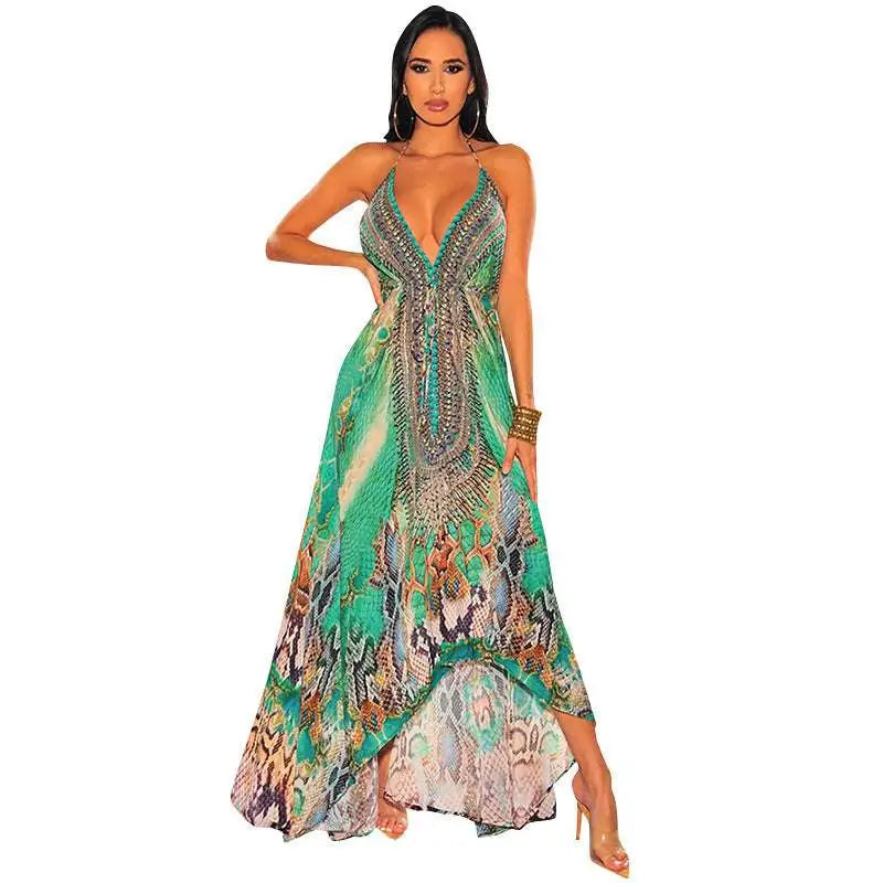 A vibrant green and gold retro pattern sexy halter dress with a plunging neckline and snake-print fabric