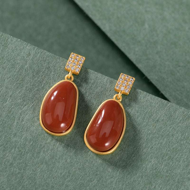 Retro S925 Silver - Gilded Southern Red Agate Lucky Bean Earrings For Women - Royalessencelux