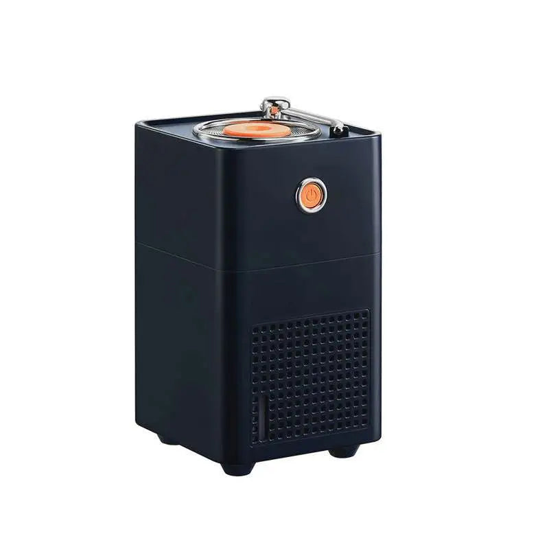 Black rectangular retro vinyl navy blue single spray humidifier with silver top and circular orange power button