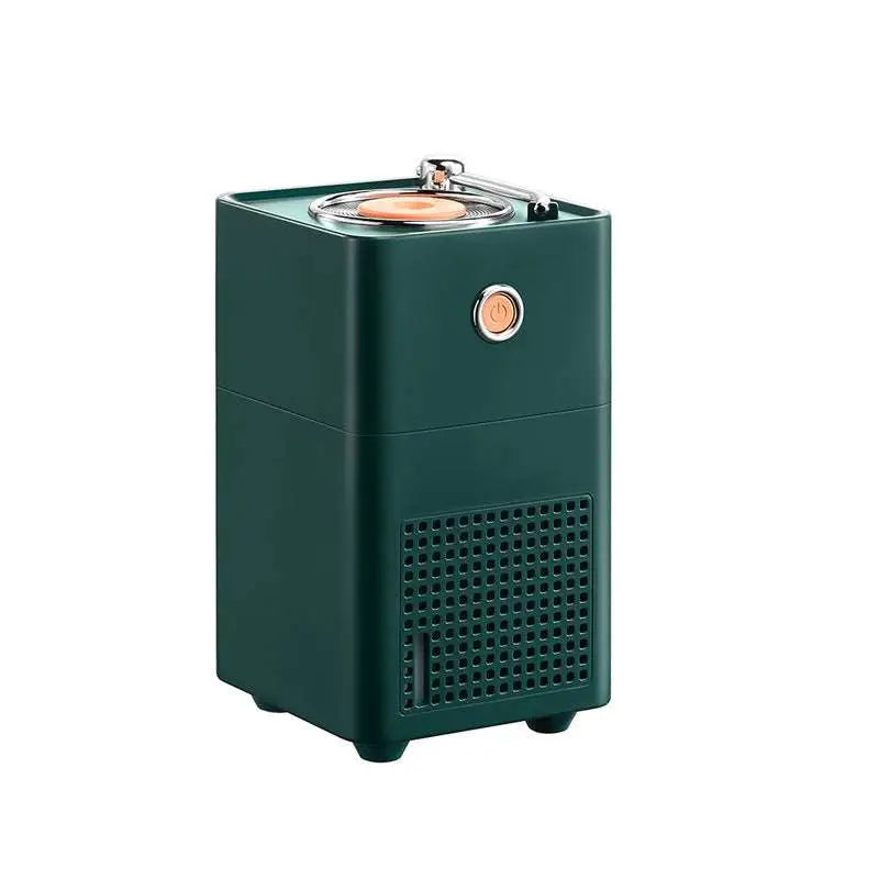 Dark green rectangular portable air purifier with circular power button and grille, complementing retro vinyl navy single spray humidifier