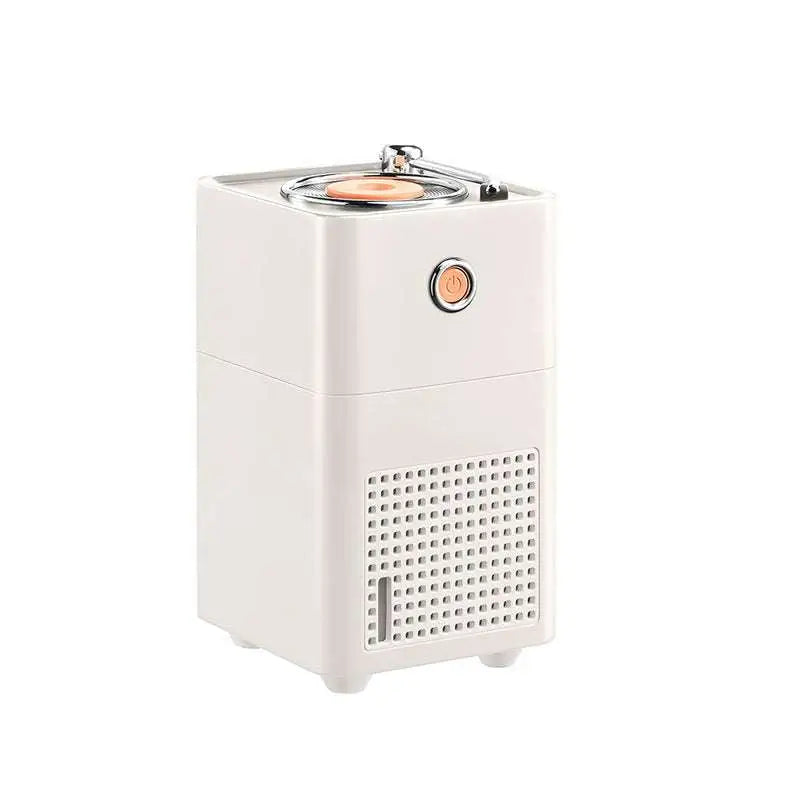 Cream-colored rectangular spray humidifier with vintage turntable design and perforated grille in retro vinyl navy style