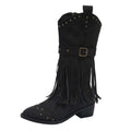 Black suede cowboy boots with gold-tone studs and fringe detailing for retro winter fashion