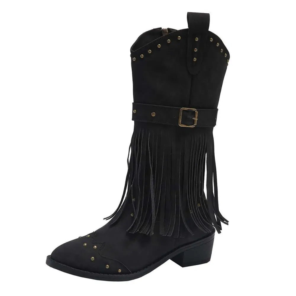 Black suede cowboy boots with gold-tone studs and fringe detailing for retro winter fashion
