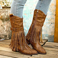 Retro winter fashion brown suede cowboy boots with fringe and gold-tone studs designed for stylish cold weather wear