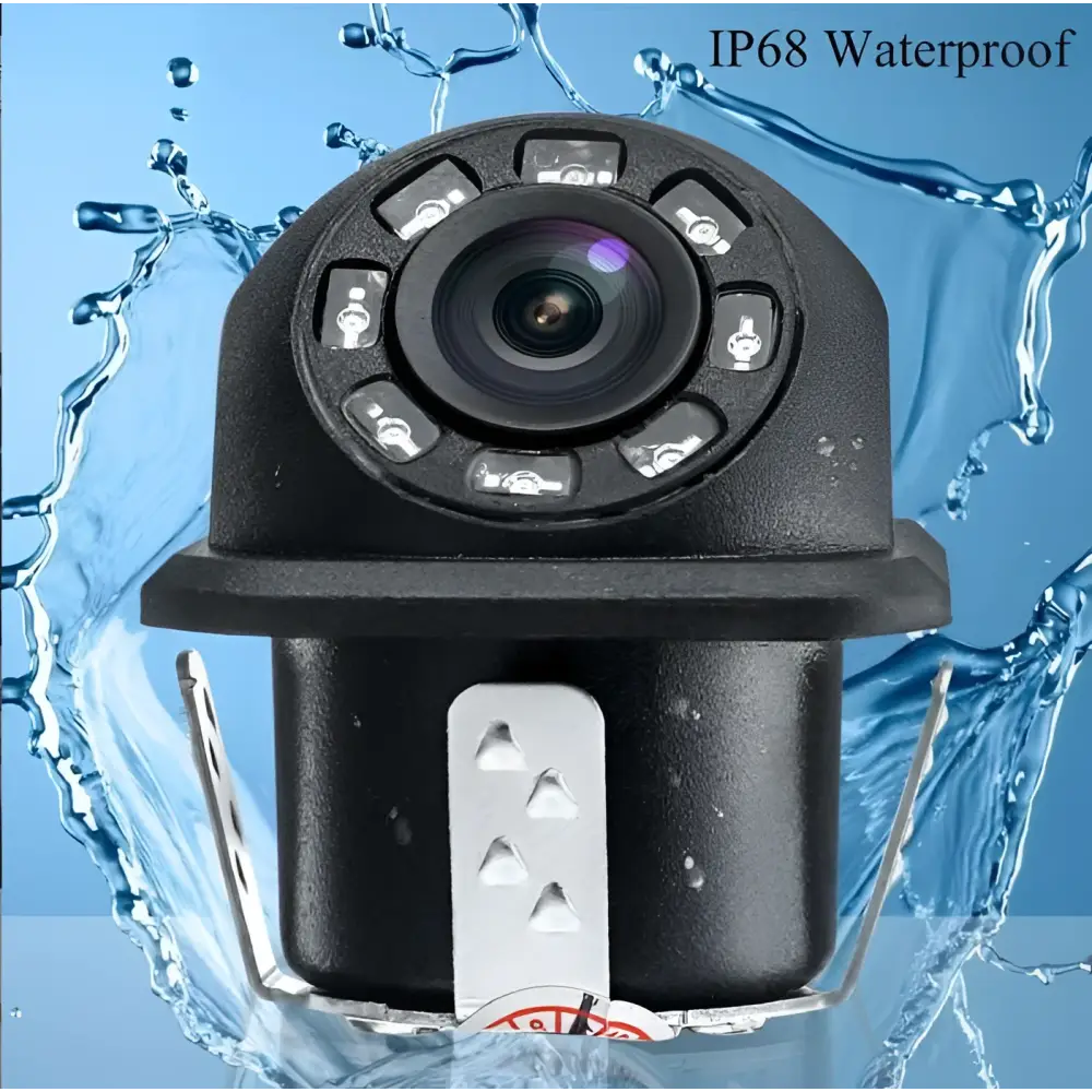 Black dome-style reversing hd waterproof rear view camera with circular lens and surrounding control buttons visible from back side