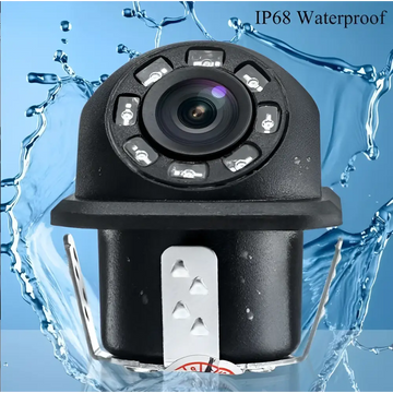 Black dome-style reversing hd waterproof rear view camera with circular lens and surrounding control buttons visible from back side