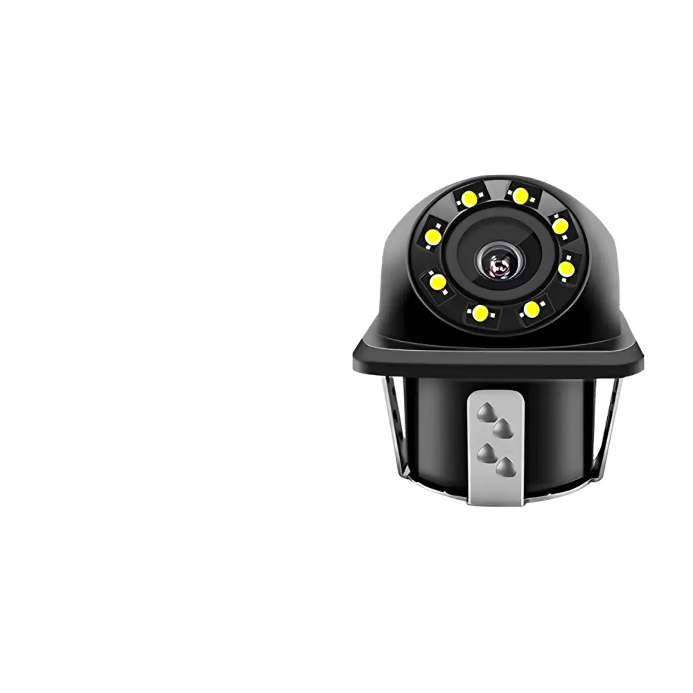 Black dome-style reversing hd waterproof rear view camera with yellow led lights and metallic mounting bracket