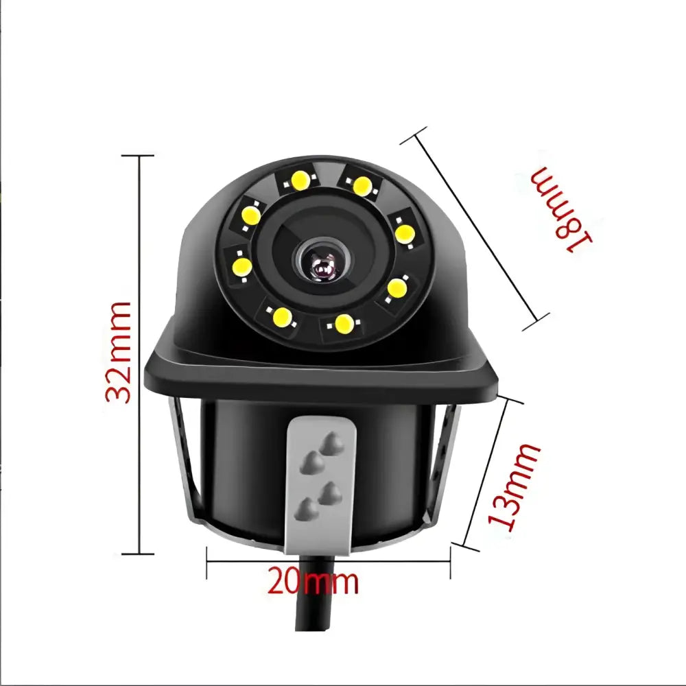 Black dome-style reversing hd waterproof rear view camera with 12 yellow led lights arranged in a circle around the lens