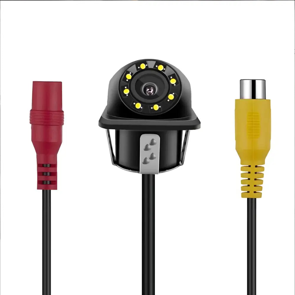 Black dome-style reversing hd waterproof rear view camera with circular yellow led lights and black cable connectors