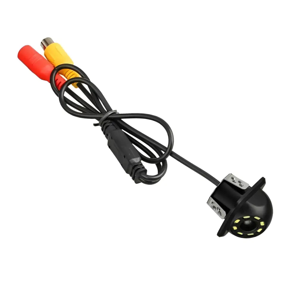 Black dome-style reversing hd waterproof rear view camera with coiled cable and red yellow rca connectors showing back side