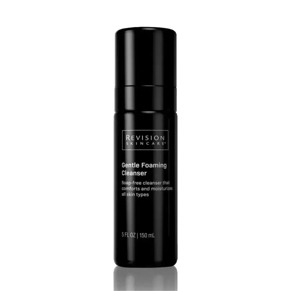 Black cylindrical bottle of Revision Skincare gentle foaming cleanser 5 fl oz with white labeling and matching black cap