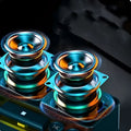 Two sleek metallic wireless bluetooth speakers with vibrant blue and orange iridescent finish for rgb gaming keyboard