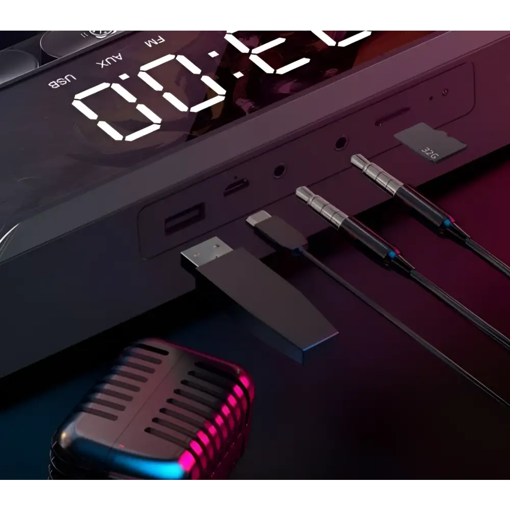 Black digital audio player with illuminated display and multiple ports beside rgb gaming keyboard with wireless bluetooth speaker