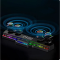 Black dual-speaker audio base with rgb lighting and digital display featuring wireless bluetooth speaker for rgb gaming keyboard